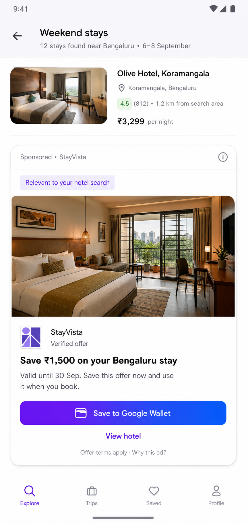 Intent-to-action native ad with a Google Wallet offer
