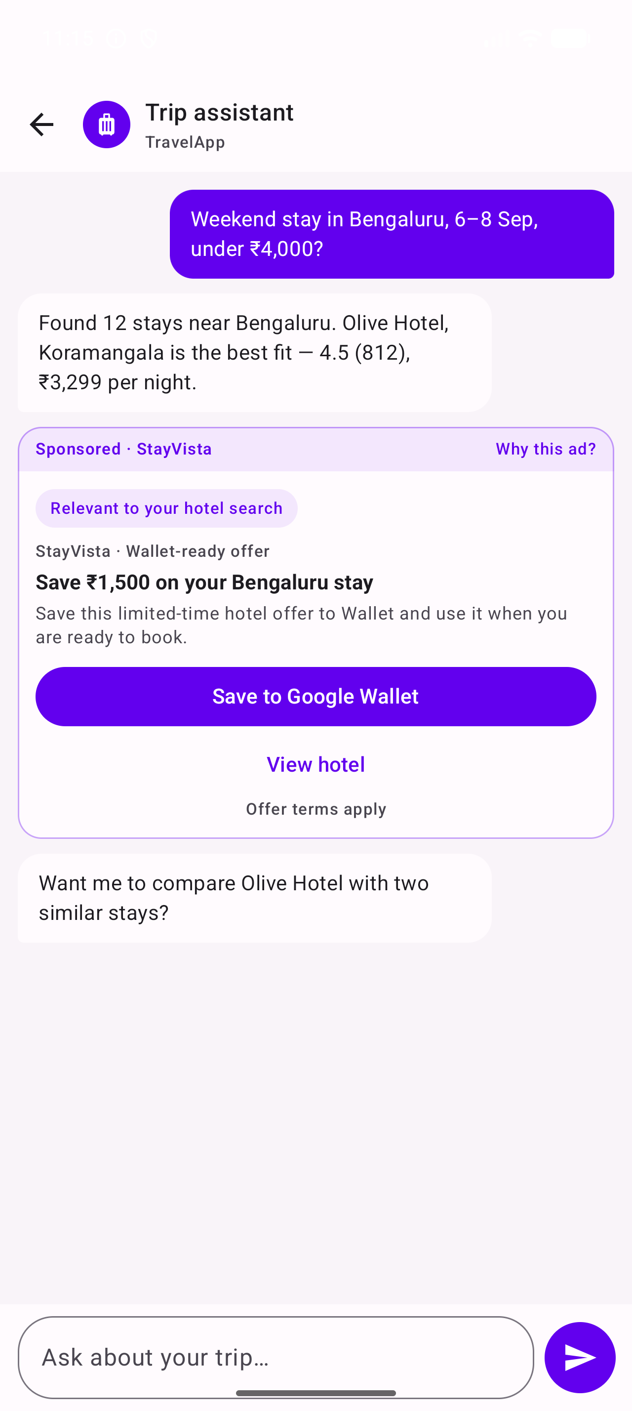 Conversational sponsored suggestion rendered by Apex SDK