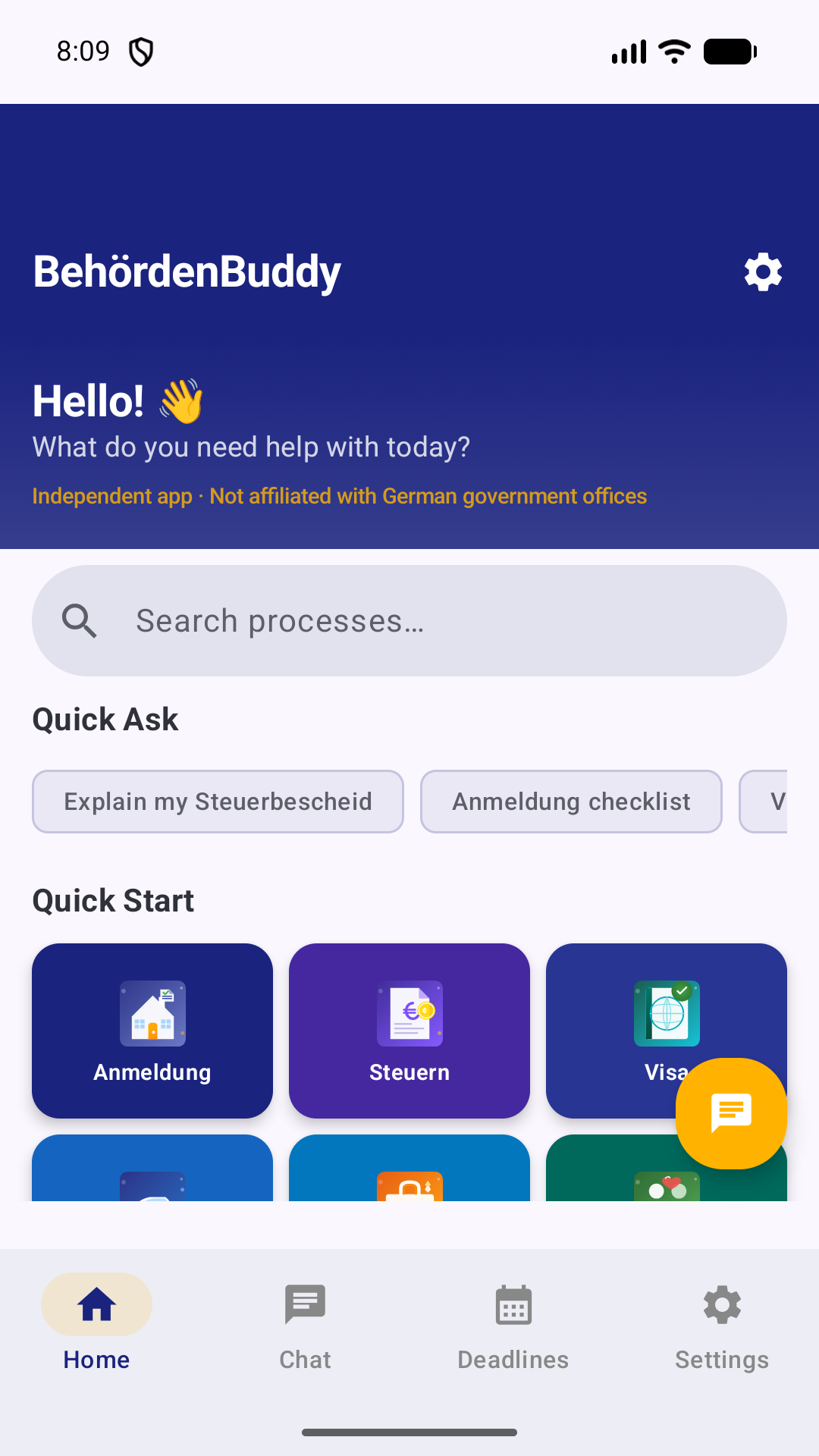 BehördenBuddy home screen with German bureaucracy topics
